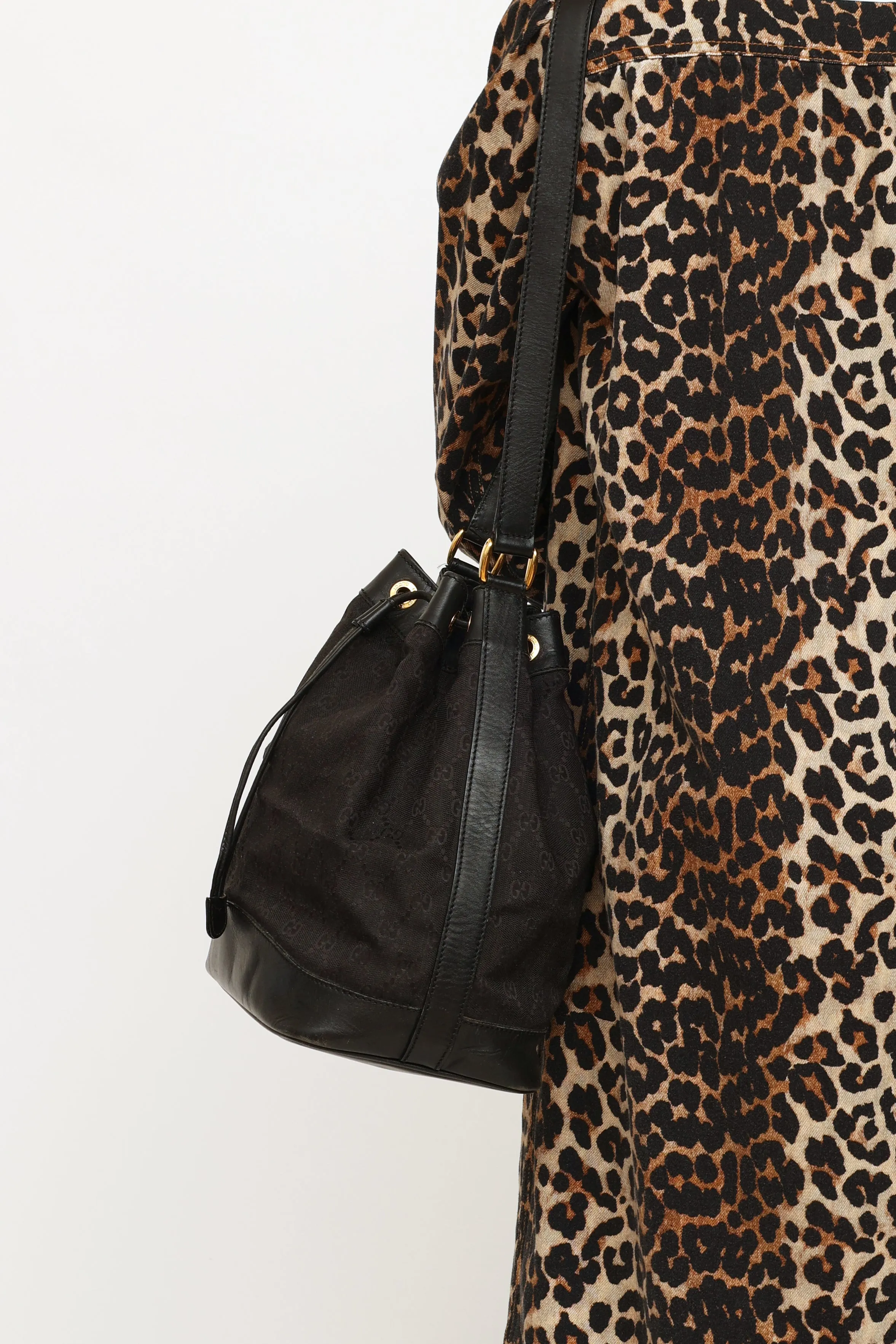 Black GG Canvas Drawstring Bucket Bag