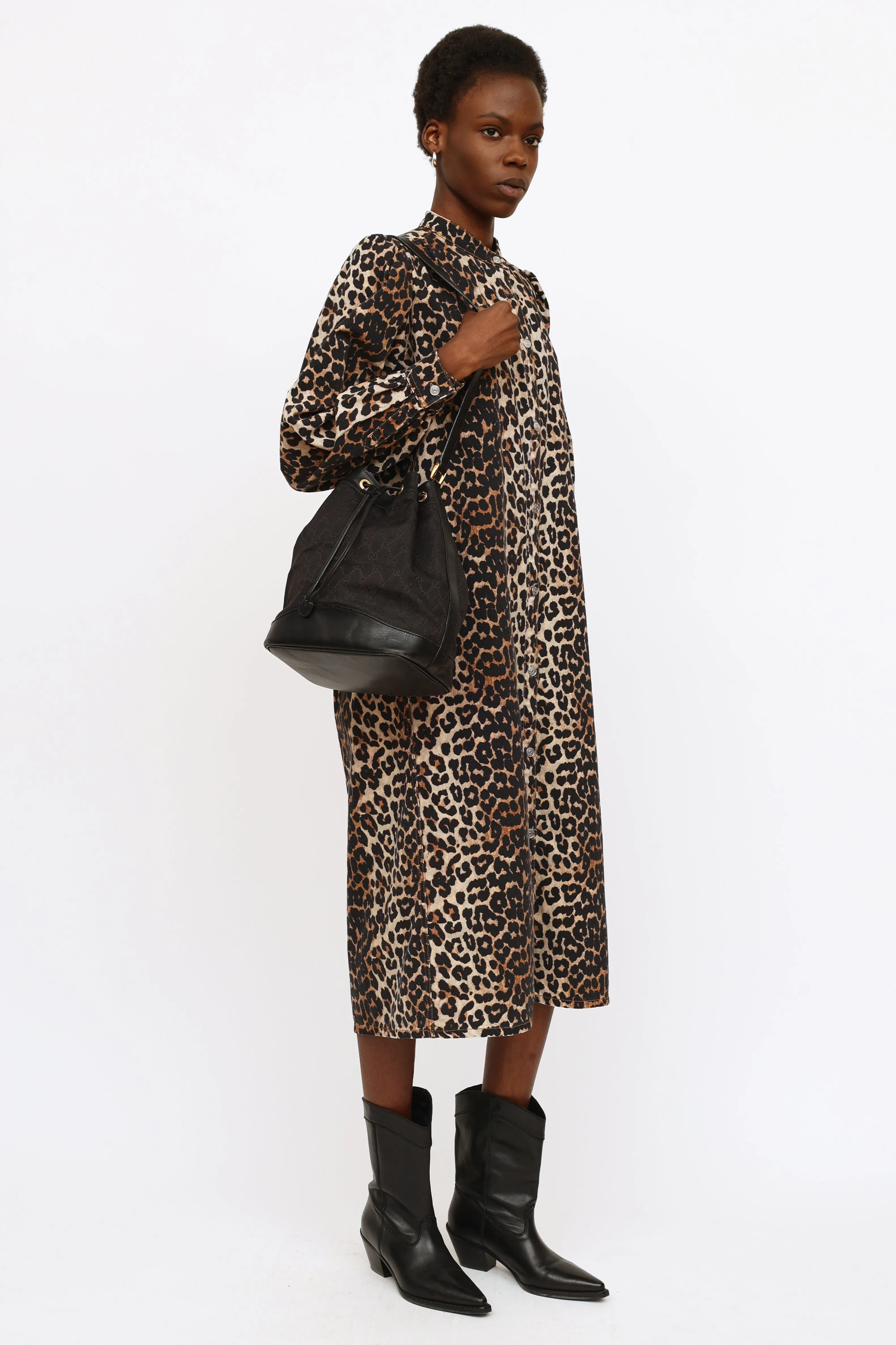 Black GG Canvas Drawstring Bucket Bag