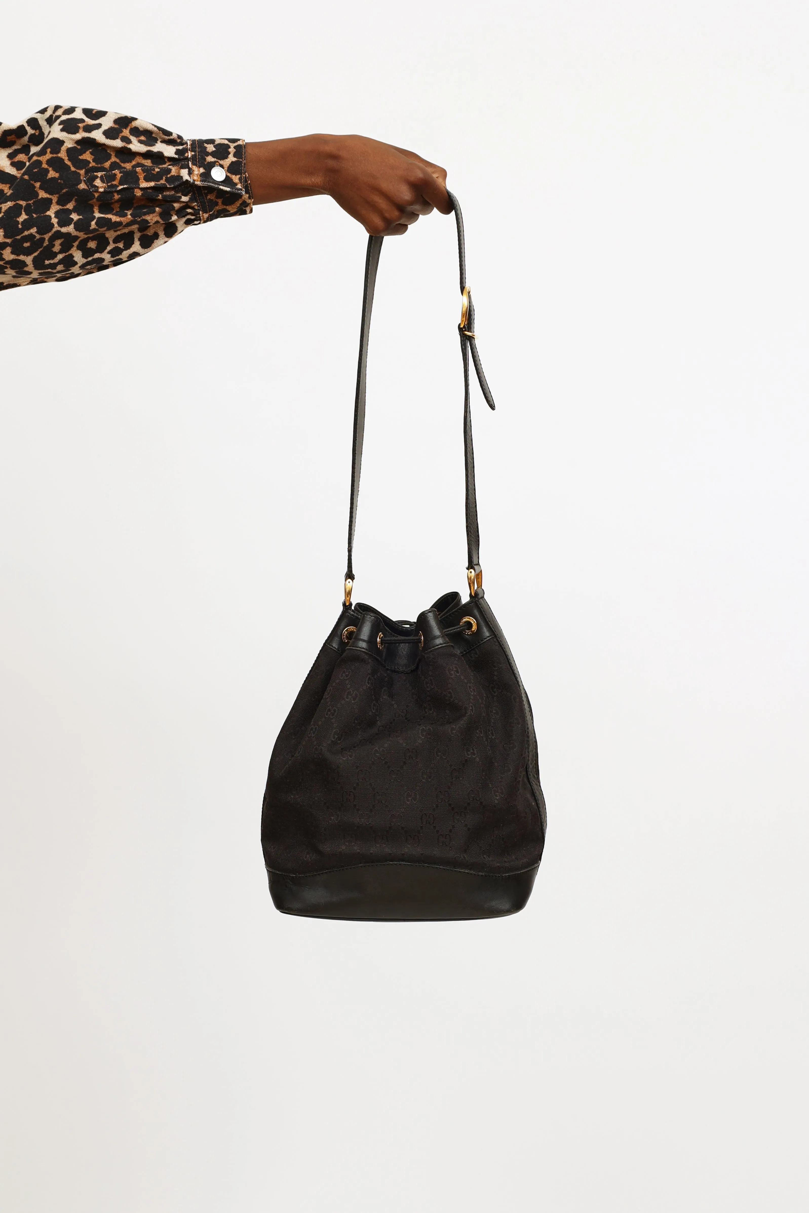 Black GG Canvas Drawstring Bucket Bag