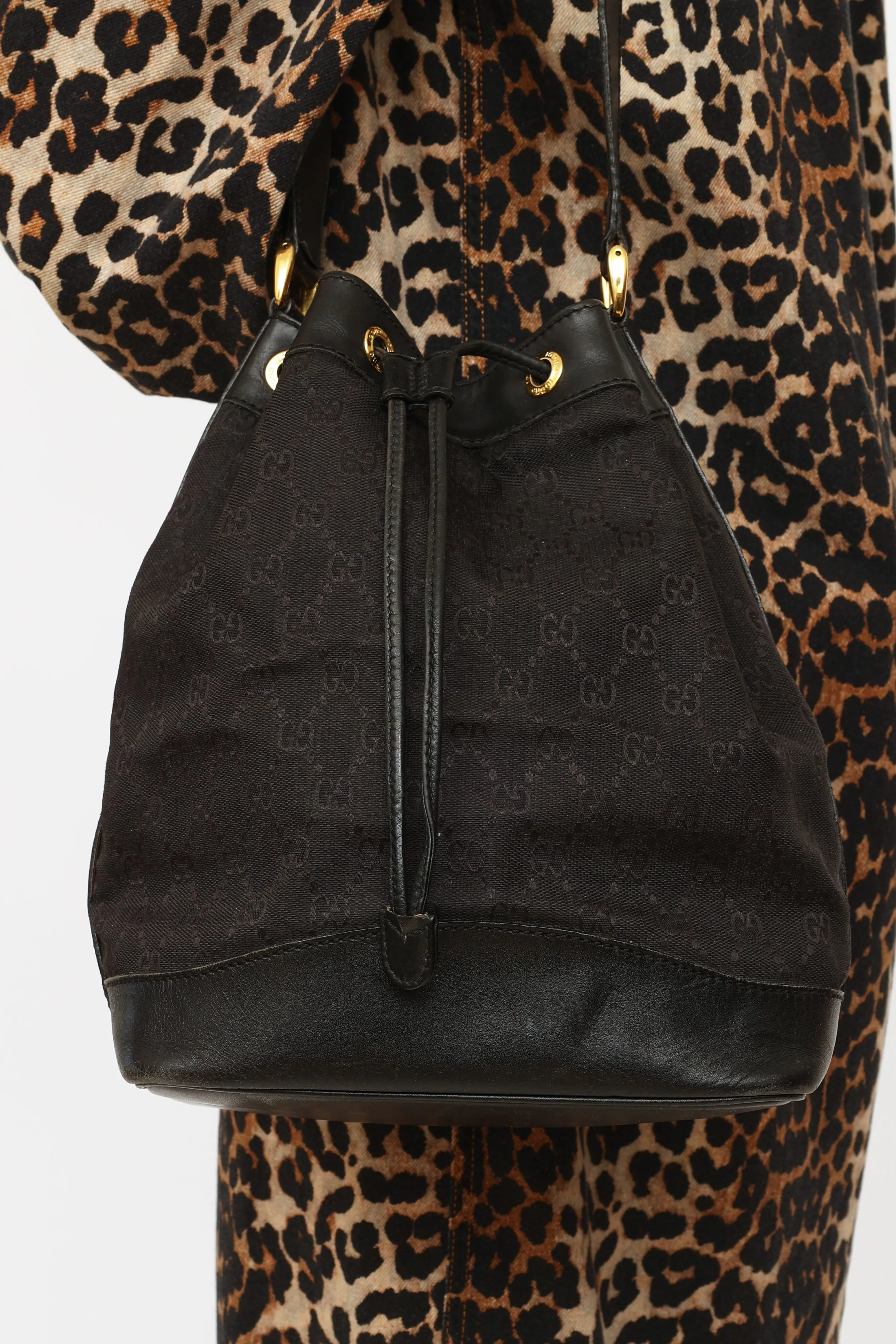 Black GG Canvas Drawstring Bucket Bag