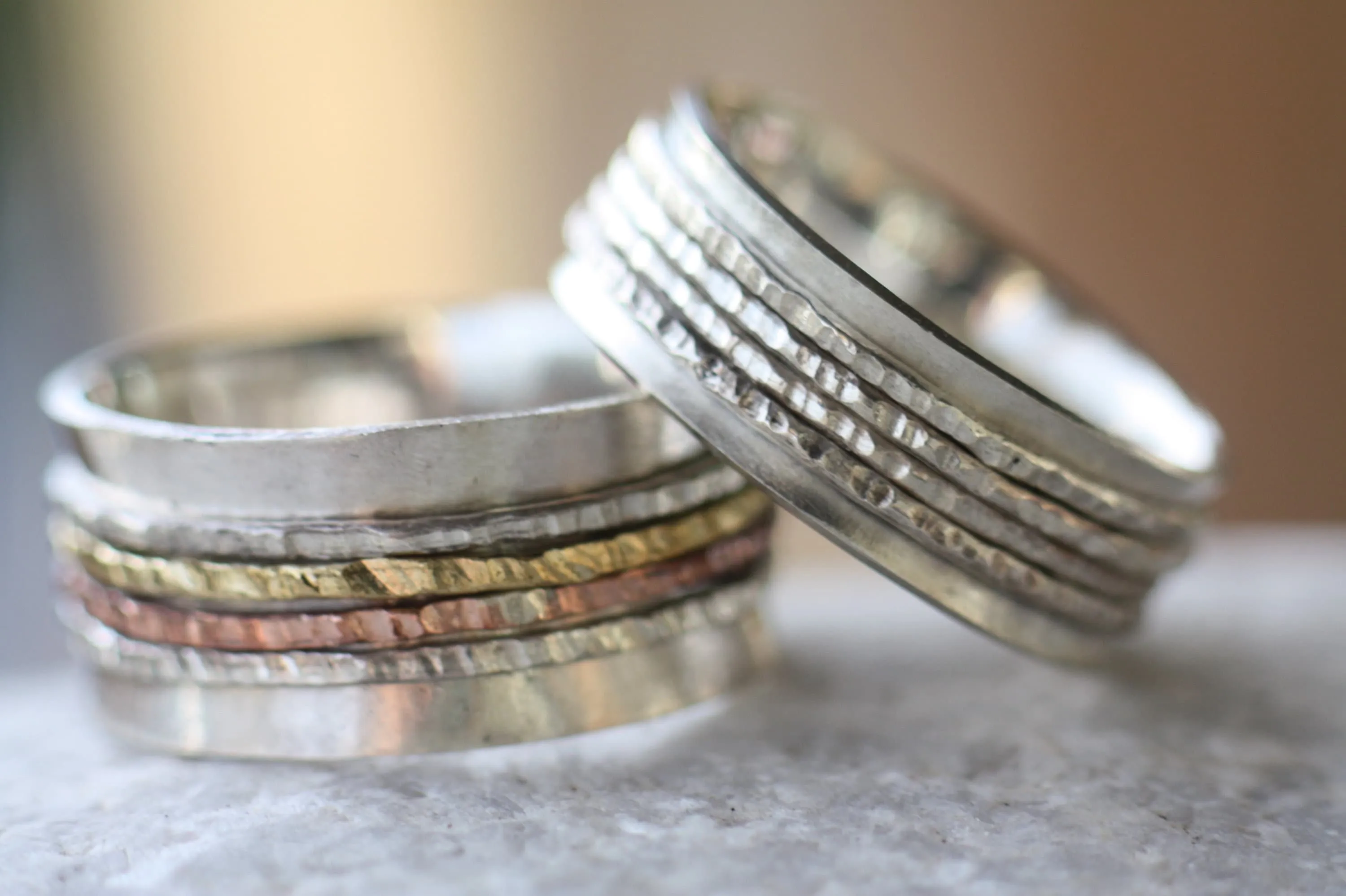 Engraved Handwriting Ring with 4 Spinners - Silver Relief Band for Men or Women