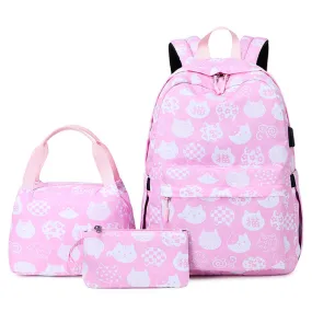 Kids Backpack With Lunch Box USB School Backpacks - Pink Black Green Book Bags For Boys Girls Cute Set With USB Charger Outdoor Leisure Daypack