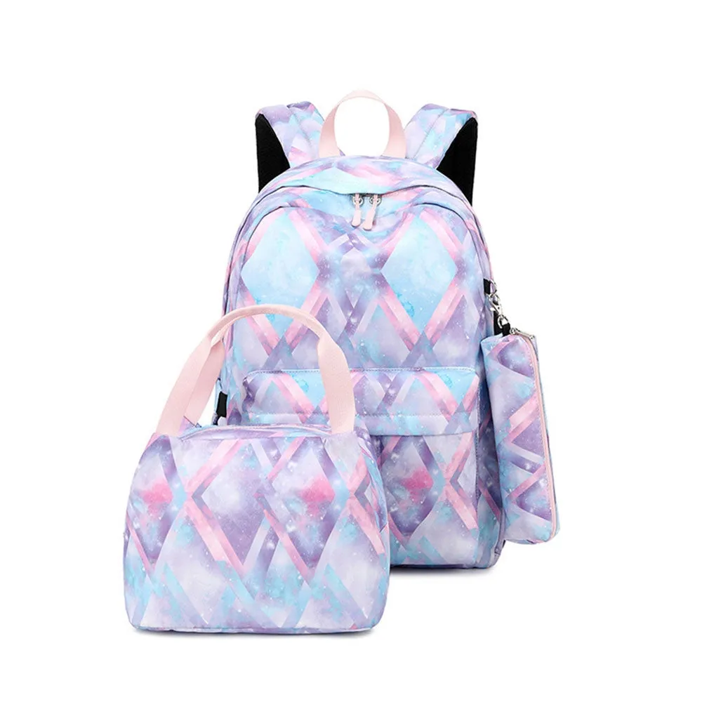 Kids Backpack With Lunch Box USB School Backpacks - Pink Grey Purple Book Bags For Boys Girls Stylish Printing Set For Teen Cute School Bag With USB Charging Port Top Level