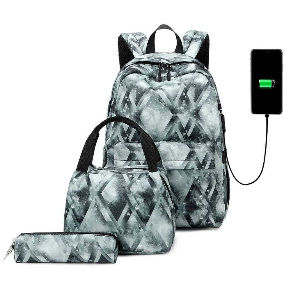 Kids Backpack With Lunch Box USB School Backpacks - Pink Grey Purple Book Bags For Boys Girls Stylish Printing Set For Teen Cute School Bag With USB Charging Port Top Level