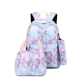 Kids Backpack With Lunch Box USB School Backpacks - Pink Grey Purple Book Bags For Boys Girls Stylish Printing Set For Teen Cute School Bag With USB Charging Port Top Level