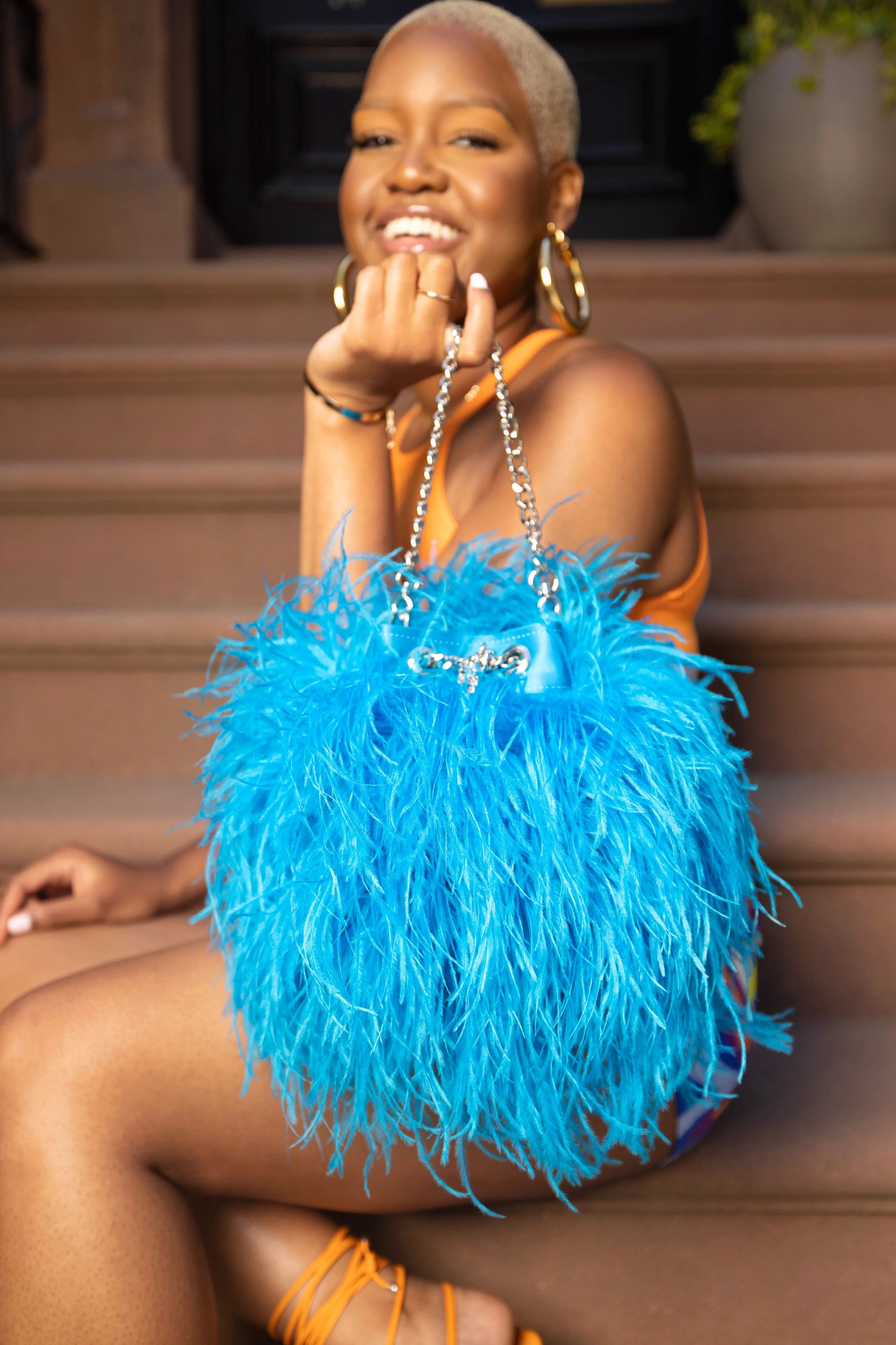 Ostrich Feather Bucket Bag | Azul | Large